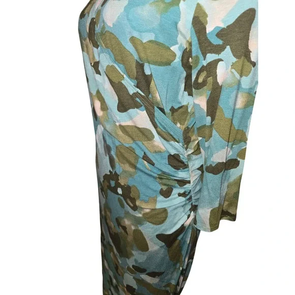 Blue Green Abstract Camo Faux Wrap Midi Dress Long Sleeve Ruched V-Neck Slim Fit - Picture 5 of 5